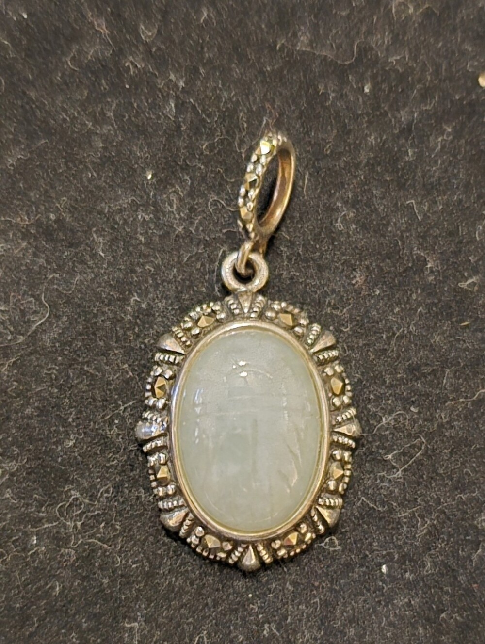 Vintage Sterling Silver 925 Marcasite Carved Jadeite Jade Intaglio Pendant